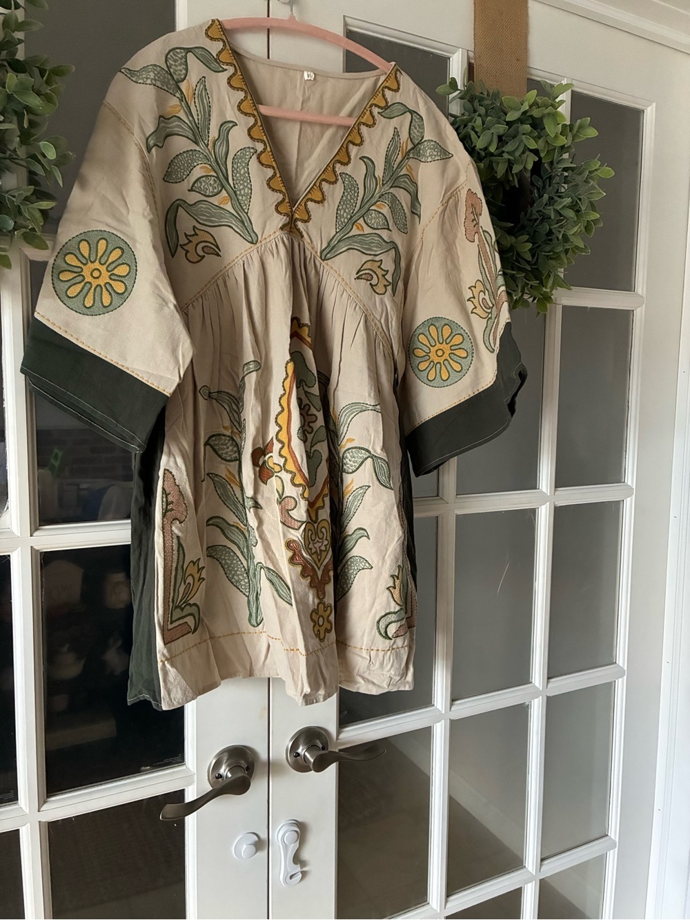 Embroidered Cream Tunic with Green & Mustard Accents